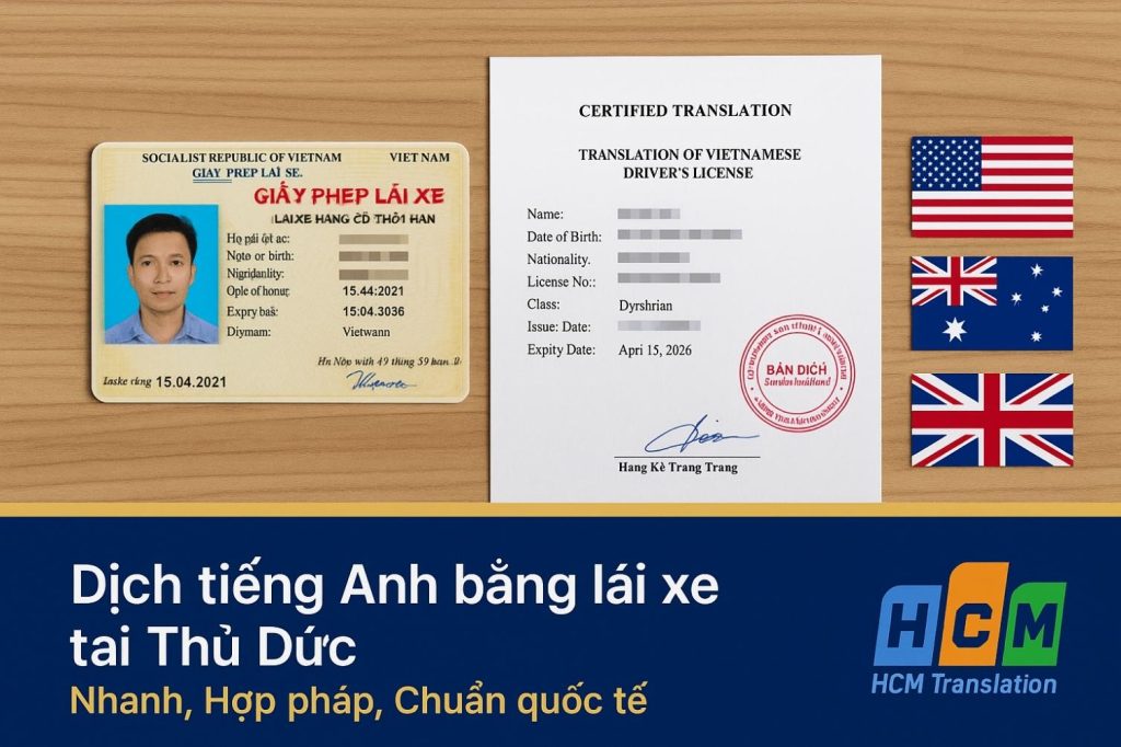 Dịch vụ dịch tiếng Anh bằng lái xe (GPLX) công chứng lấy liền tại Thủ Đức.